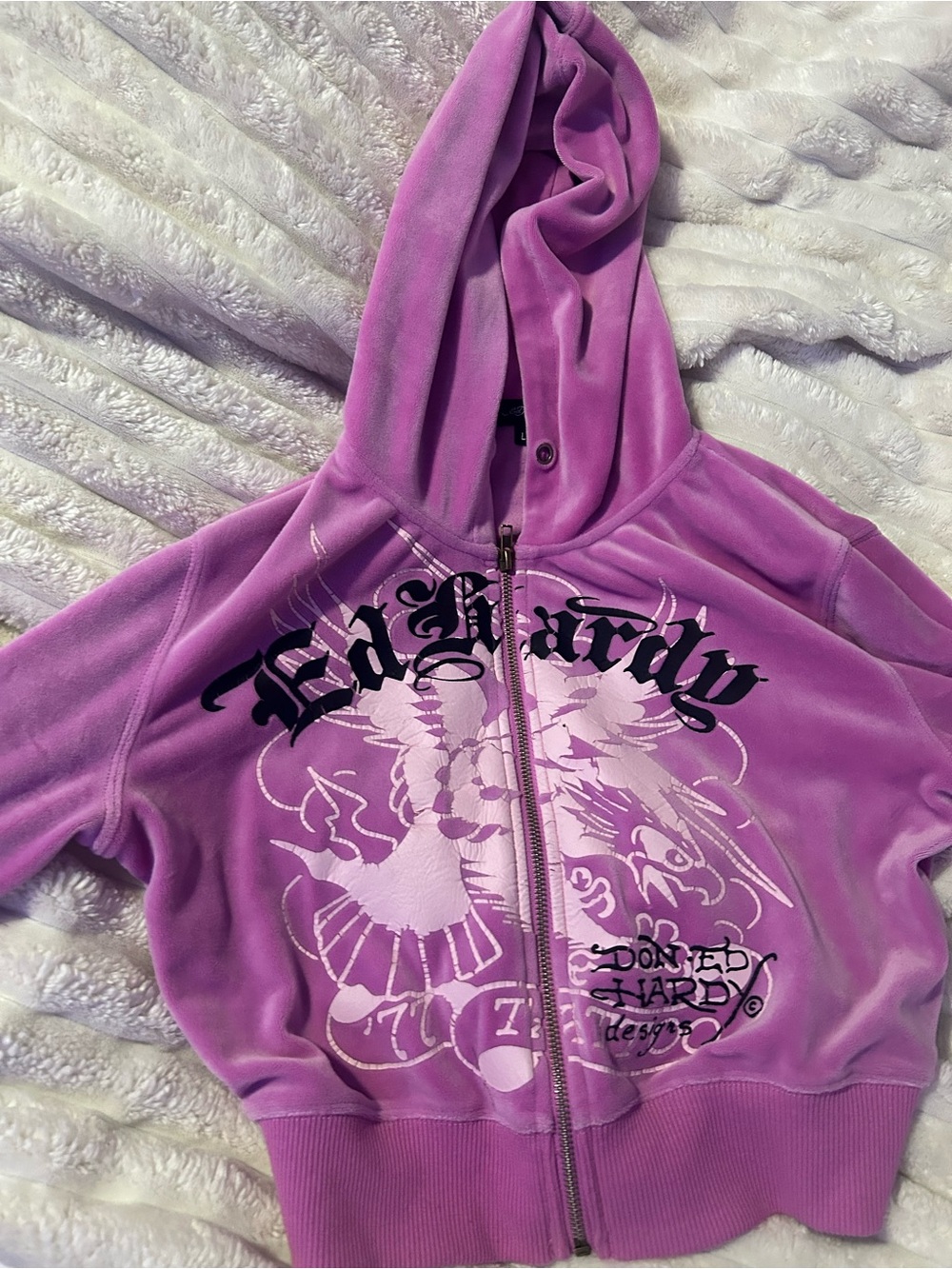 Ed Hardy Girls' Purple Velour Zip Hoodie with Graphic